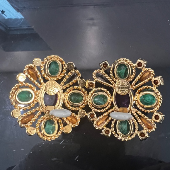 Vintage Bozart Earrings MCM Emerald Green Purple Cabochons GP Oversized Italy - Picture 4 of 7